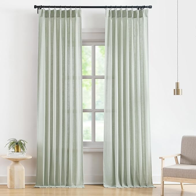 Vision Home Soft Green Pinch Pleated Semi Sheer Curtains Textured Linen Blended by VisionHome