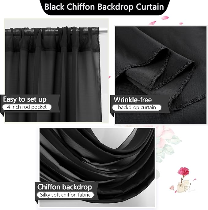 PARTISKY 10ftx7ft Black Chiffon Backdrop Curtains, Wrinkle-Free Sheer Fabric - Image 4