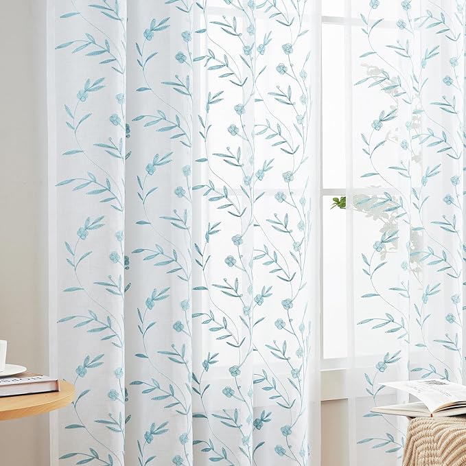 Sheer Curtains Floral Embroidery White-Blue 84 Inch Long Rod Pocket Lace Drapes - Image 3