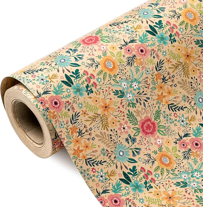 WRAPAHOLIC 30 Inch Jumbo Kraft Floral Wrapping Paper Roll by WRAPAHOLIC