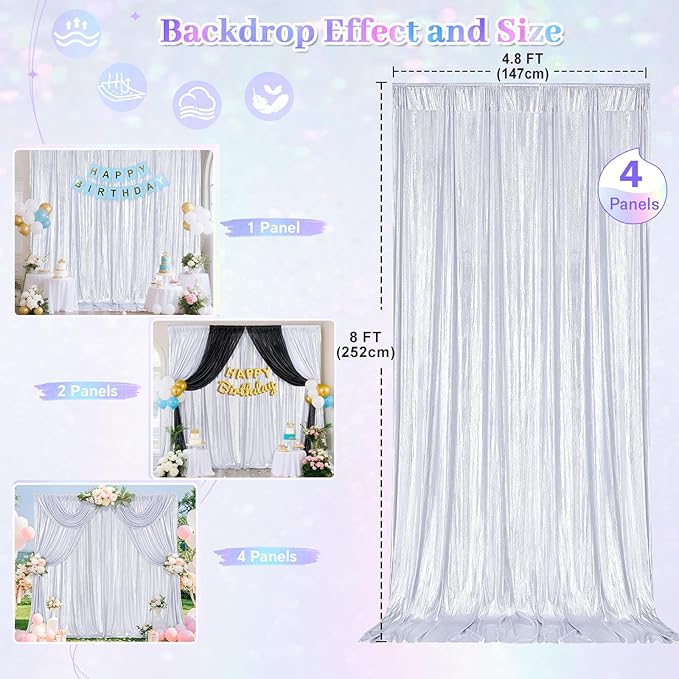 Silver Curtains Backdrop for Wedding Parties, Glitter Blrthday Drapes 4 Panels - Image 3