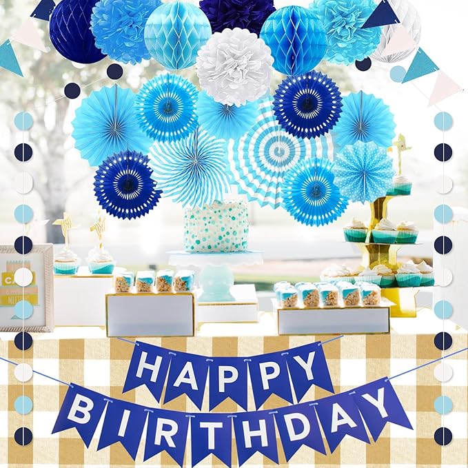 Navy Blue Birthday Party Decoration, Pom Poms Flowers, Garland String Polka Dot - Image 7