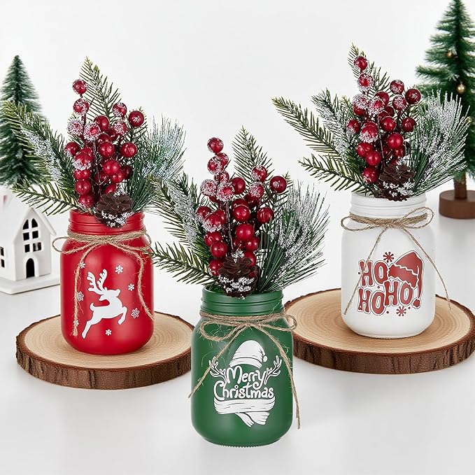 Hewory Christmas Vase for Table Centerpieces: 3 PCS Glass Christmas Mason Jars by Hewory