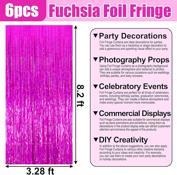 6 Pack Rose Red Foil Fringe Curtain Backdrop, 3.28Ft x 8.2Ft Metallic Tinsel - Image 2