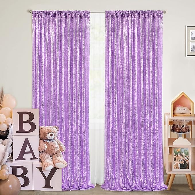 Light Purple Sequin Backdrop Curtains 2 Panels 2FTx8FT Photo Backdrop Glitter - Image 2