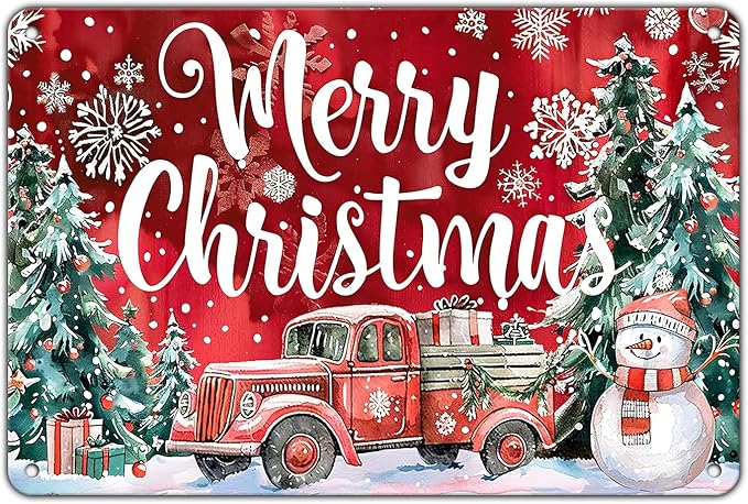 Christmas Truck Metal Tin Sign Merry Christmas Sign Funny Snowman Tin Sign by GJXFTPTTBD