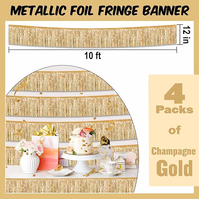 4 Pack 10 Ft Champagne Gold Foil Fringe Garland Metallic Streamers Tinsel - Image 2