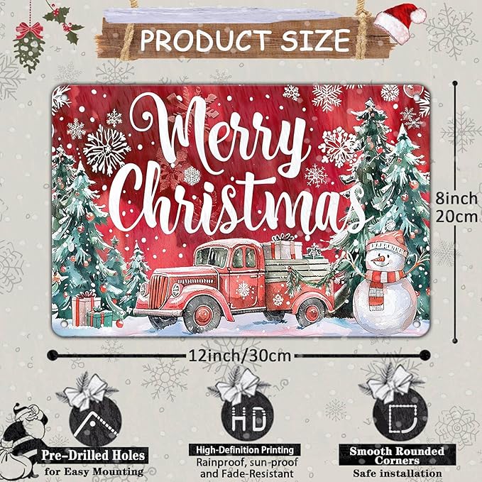 Christmas Truck Metal Tin Sign Merry Christmas Sign Funny Snowman Tin Sign - Image 2
