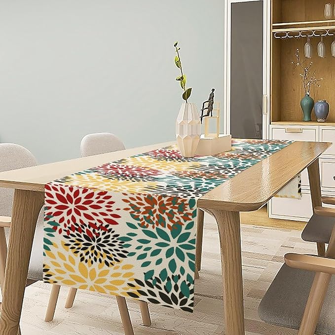 Green Red Dahlia Flower Table Runner Chrysanthemum Geometric Kitchen Dining - Image 4