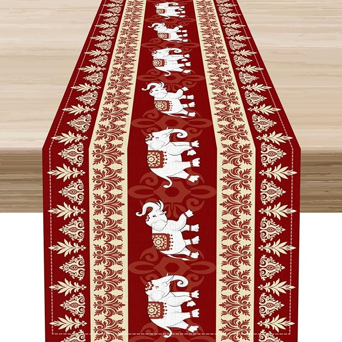 Boho Elephant Table Runner, Vintage Tribal Traditional African Animals Ethnic by Unknown