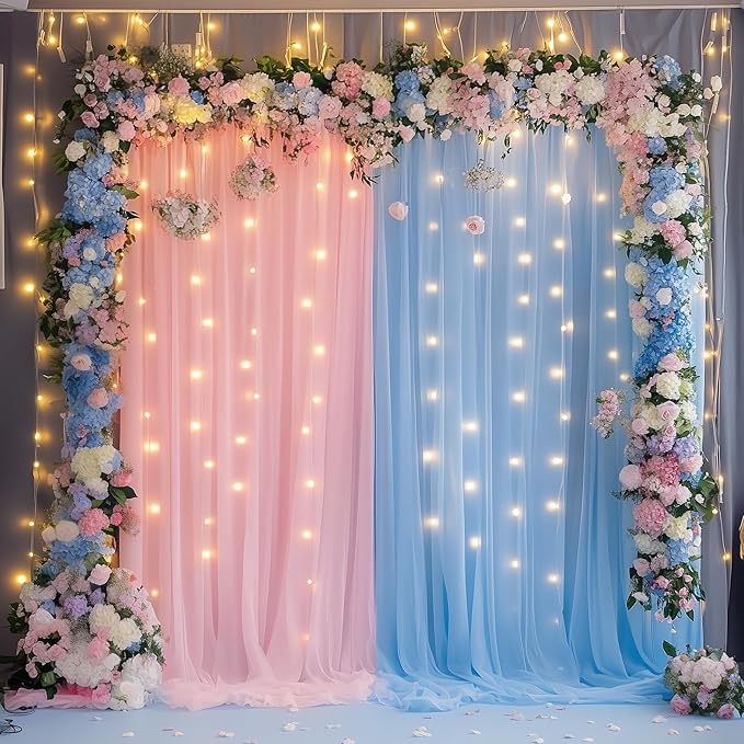 Fomcet Tulle Curtains with Lights String Pink and Blue 10FT X 10FT Sheer by Fomcet