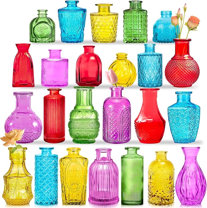 Colored Glass Bud Vases Set of 24, Vintage Small Vases by Unknown