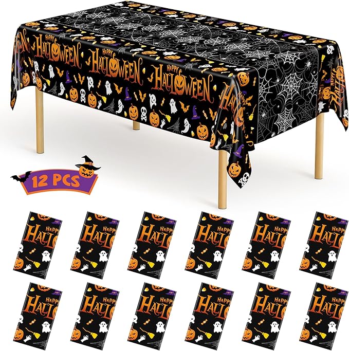 QZYL 12 Pack Halloween Plastic Tablecloth, Spider Webs Pumpkin Design by QZYL