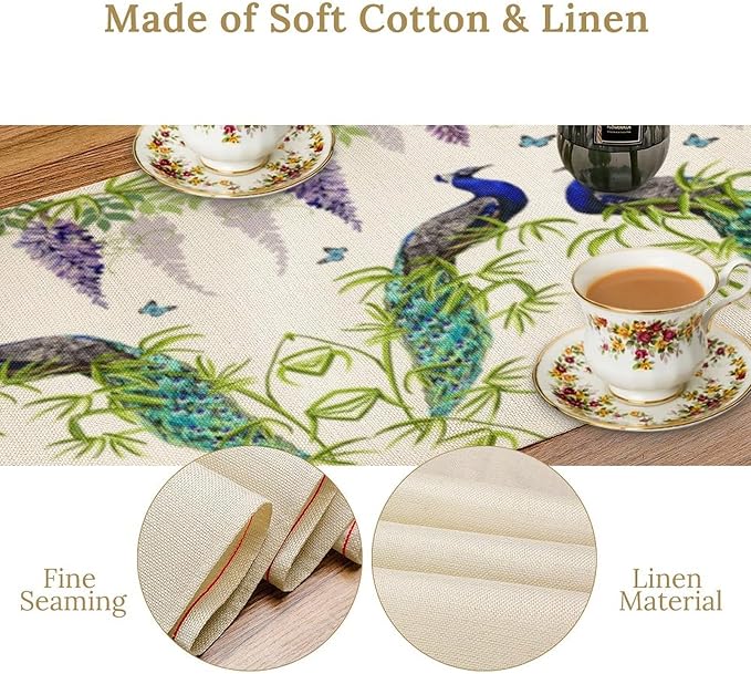 Peacock Table Runner, Spring Plant Butterfly Print Seasonal Table Runner - Image 5