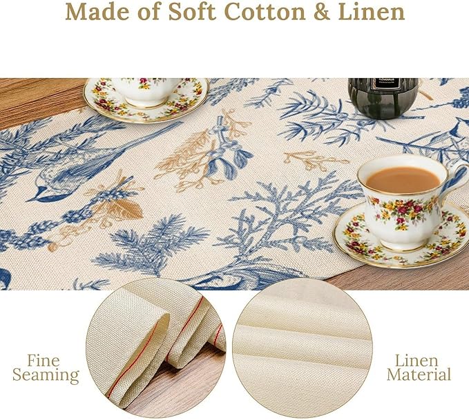 Chinoiserie Flowers Table Runner, Seasonal Spring Fall Plants Blue Florals - Image 5