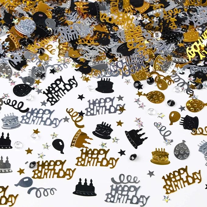 VHUWE Happy Birthday Confetti, 1.6 oz Black Gold Silver Cake Balloon Star by VHUWE