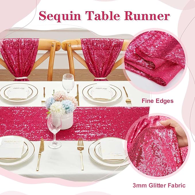 Sequin Table Runner Fuchsia 10 Pcs 12x108 Inches Elegant Wedding Sparkly Fabric - Image 4