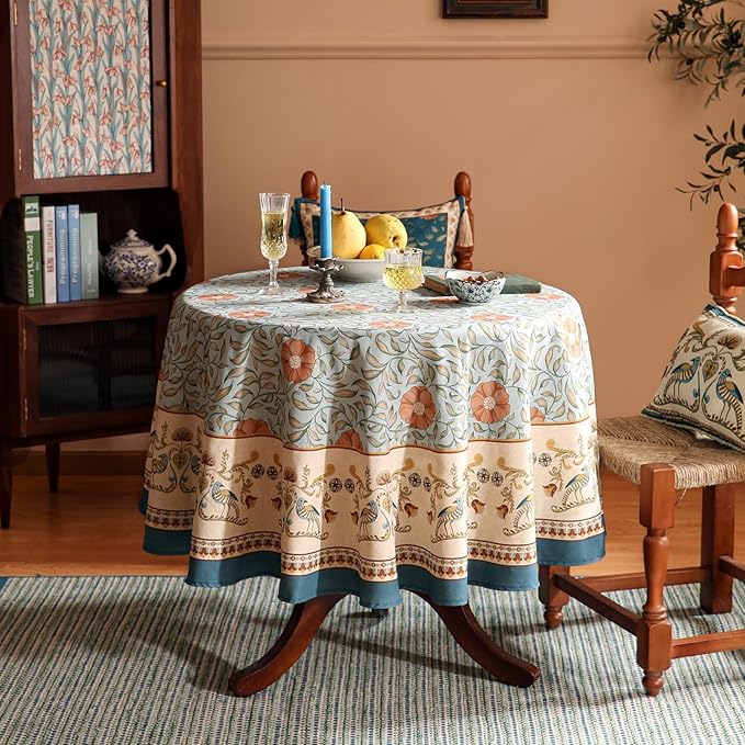 patdrea Designer French Linen Blue Round Table Cloth, Vintage Floral Tablecloth - Image 2