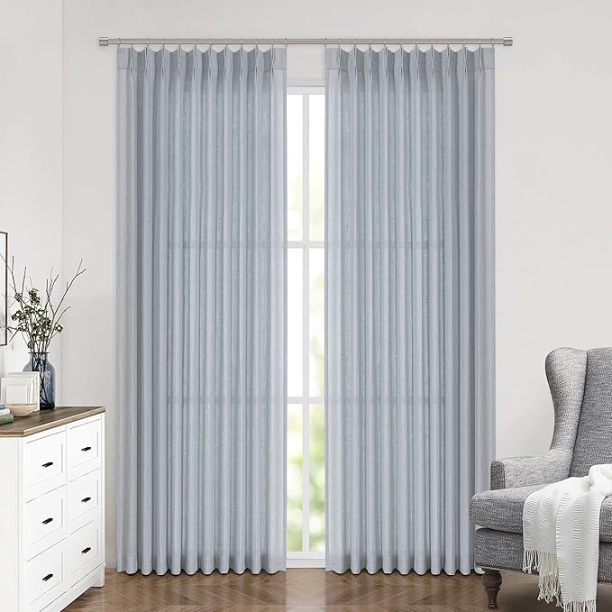 Vision Home Blue Fog Pinch Pleated Semi Sheer Curtains Textured Linen Blended - Image 2