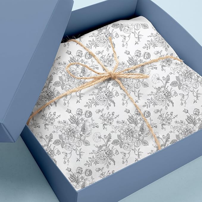 JarThenaAMCS 100 Sheets Floral Tissue Paper Silver Flower Gift Wrapping Paper - Image 5