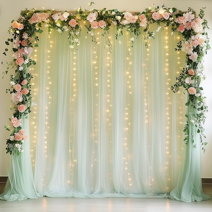Tulle Backdrop Curtain with Lights String 10FT X 8FT Sage Green Sheer Tulle by Xiomot