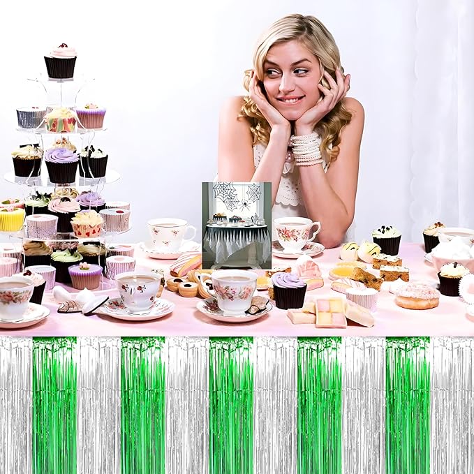 3 Pack 29x108 Inch Silver Green Foil Fringe Table Skirts Metallic Banner - Image 6