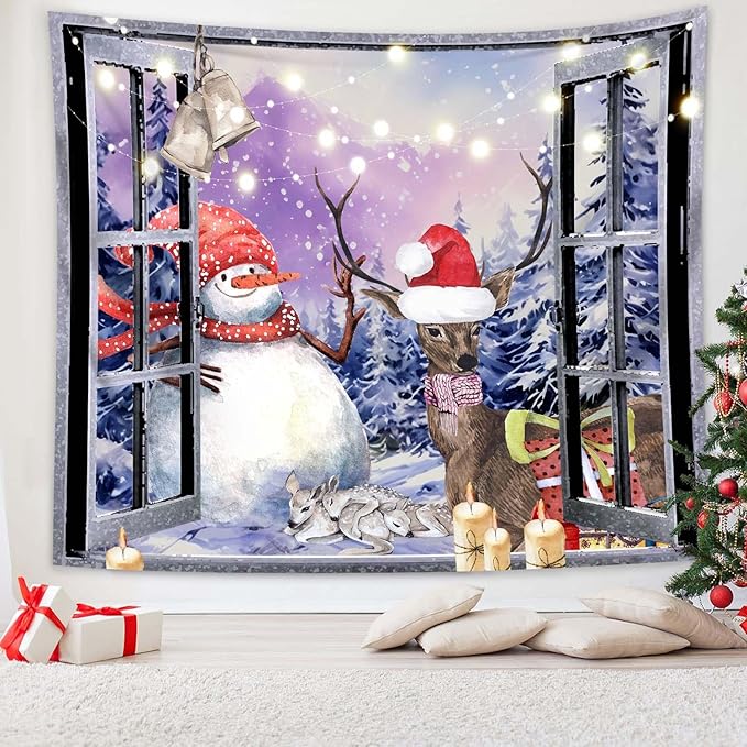QGHOT Christmas Window Tapestry Wall Hanging Christmas Backdrop Winter Window by QGHOT