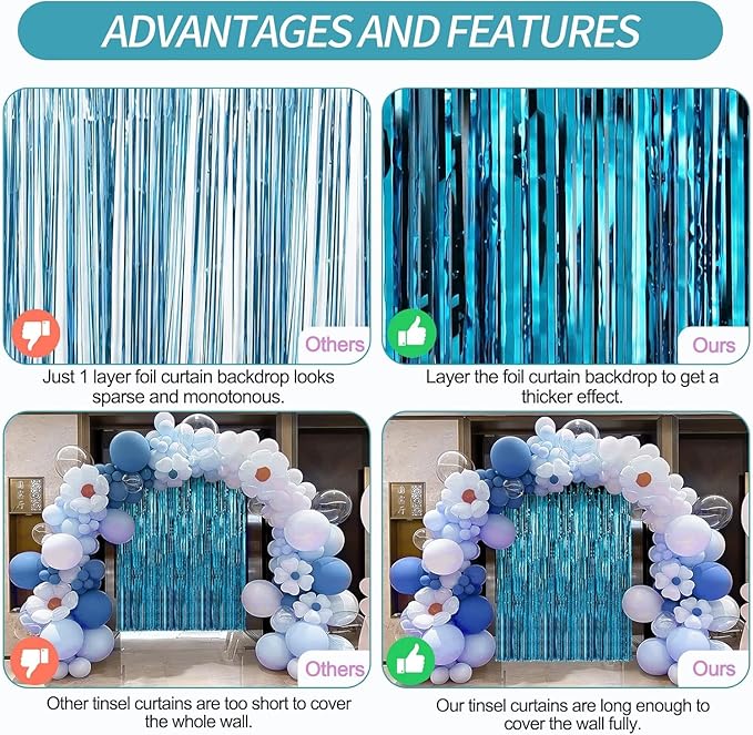 Crosize 8 Pack 3.3 x 9.9 ft Blue Foil Fringe Curtains Party Decorations - Image 4
