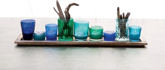Creative Co-Op Wood Tray with 9 Blue & Green Glass Votive Holders - Image 2