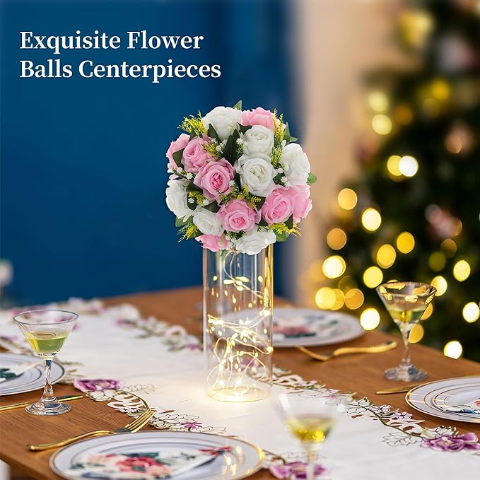 BLOSMON Flower Balls Rose Centerpieces: 10 Pcs Pink White Fake Flowers Kissing - Image 3