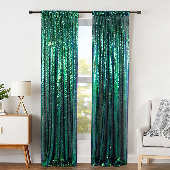 ShinyBeauty Sequin Backdrop 4 Pieces Iridescent Green Sequin Curtains Panels - Image 3