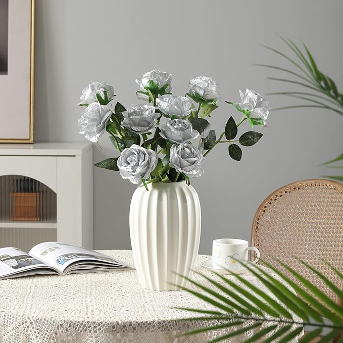 Tifuly Silver Roses Artificial Flowers -12Pcs Realistic Single Long Stem Fake - Image 7