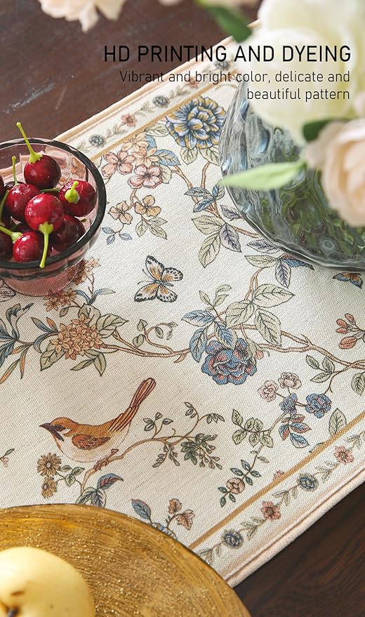 ISAENNE Designer Linen Table Runner 118 Inches Extra Long, Elegant Floral Bird - Image 8