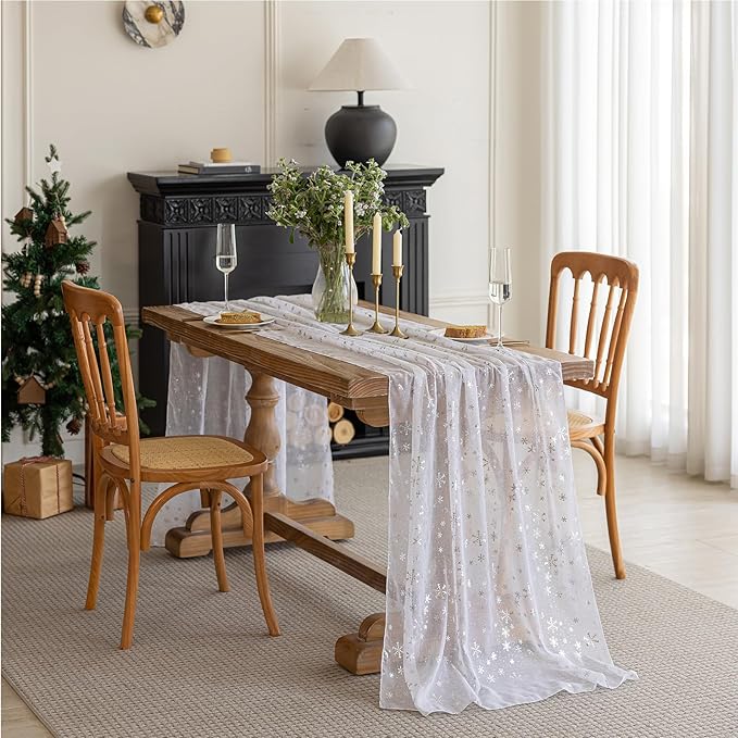 Silvery Snowflake Metallic Print Tulle Christmas Table Runner, Seasonal Winter - Image 4