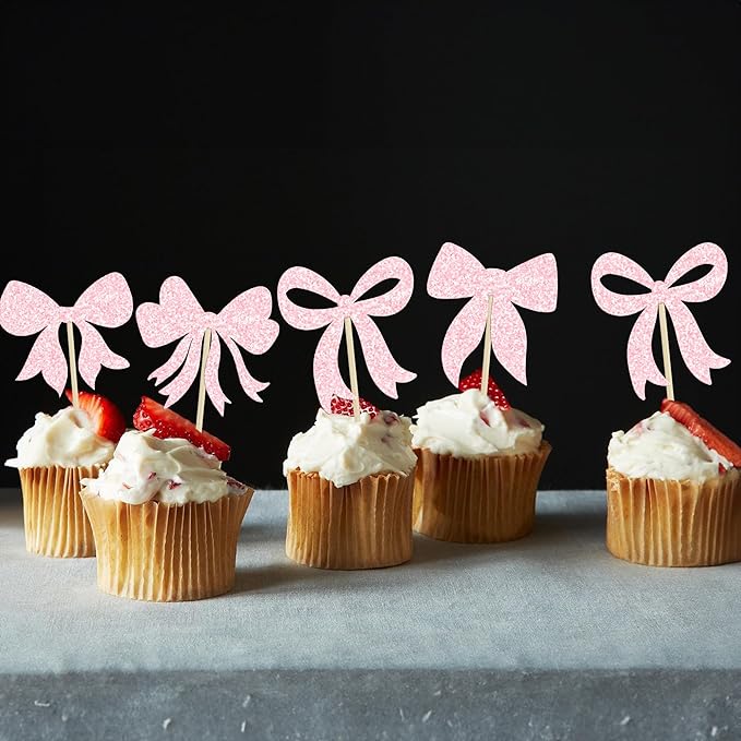 Gyufise 36Pcs Bow Cupcake Toppers Glitter Girls Birthday Decorations Bowknot - Image 6