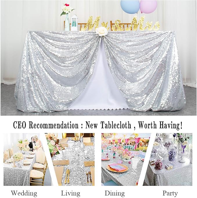 ShinyBeauty Sequin Tablecloth Silver 72''x72'' Square Glitter Table Cover - Image 3