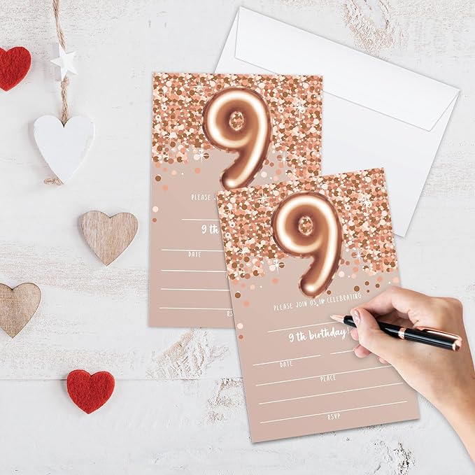 9th Birthday Invitation Cards, Rose Gold Glitter 9th Birthday Party Invites - Image 3