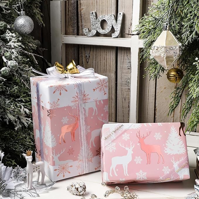 LeZakaa Christmas Pink Wrapping Paper Jumbo Roll, Reindeer & Snowflake - Image 3