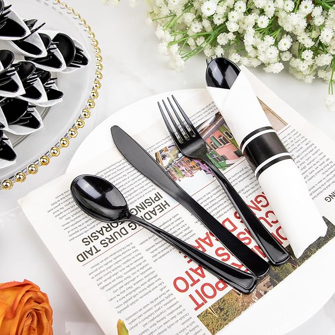 Supernal 60 Pack Hevy Duty Rolled Black Plastic Silverware, Pre Wrapped Cutlery - Image 9