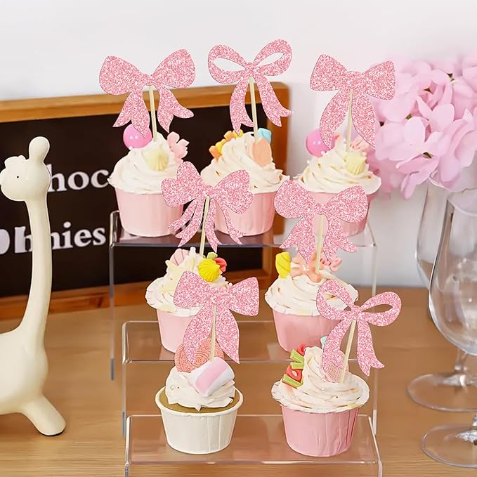 Gyufise 36Pcs Bow Cupcake Toppers Glitter Girls Birthday Decorations Bowknot - Image 4