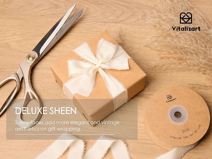 Vitalizart Silk Like Satin Ribbon 1 inch x 30 Yard Ivory White Handmade Frayed - Image 5