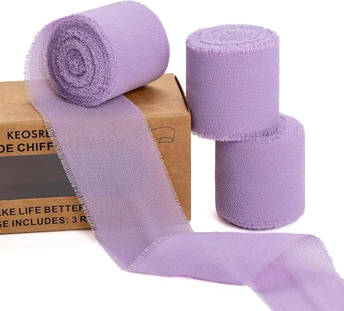 Purple Lavender Handmade Chiffon Ribbon, 1.5" x 21Yd Frayed Silk Ribbons by KEOSREE