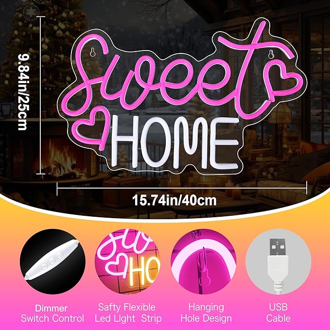 Sweet Home Neon Sign for Wall Decor, 15.7x9.8 inch USB Powered Home Sweet Home - Image 3
