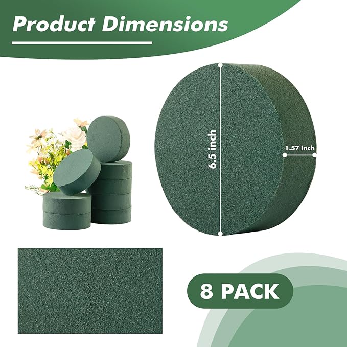 8 Pcs Round Floral Foam Blocks for Fresh & Artificial Flowers, 6.5" Wet & Dry - Image 2