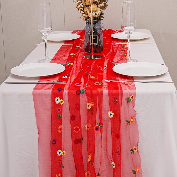 BINBE 6pcs Daisy Fall Table Runner Embroidery Gauze 10FT Florals Seasonal Tulle - Image 6