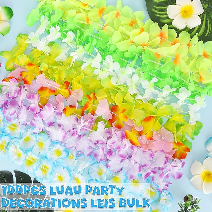 100PCS Hawaiian Leis, Colorful Luau Leis Party Decorations, Hawaiian Tropical - Image 3