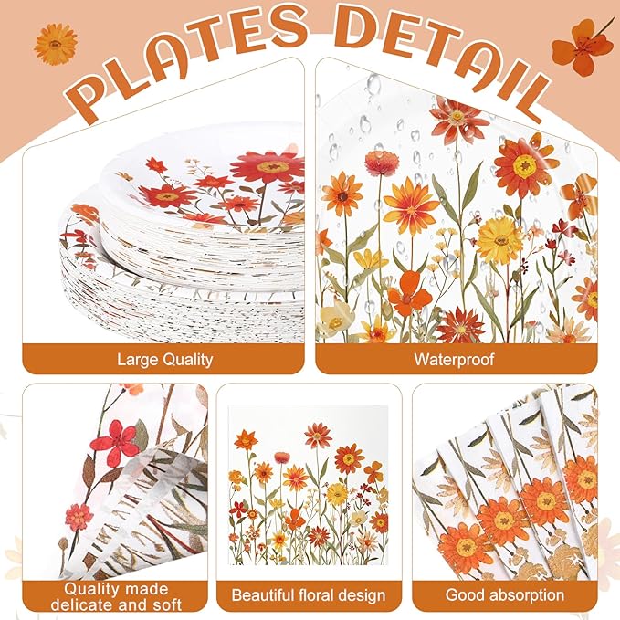 452 Pcs Fall Floral Party Supplies Orange Wildflower Tableware Set, Fall Floral - Image 2