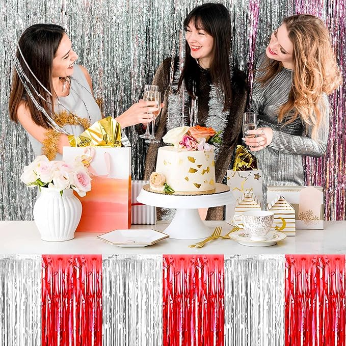 3 Pack 29 x108 Inch Red and Silver Foil Fringe Table Skirts Metallic Banner - Image 4