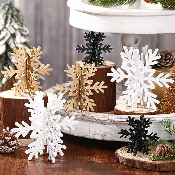 Bucherry 12 Pcs Wooden Snowflake Table Decor 3D Snowflake Tabletop Signs and by Bucherry