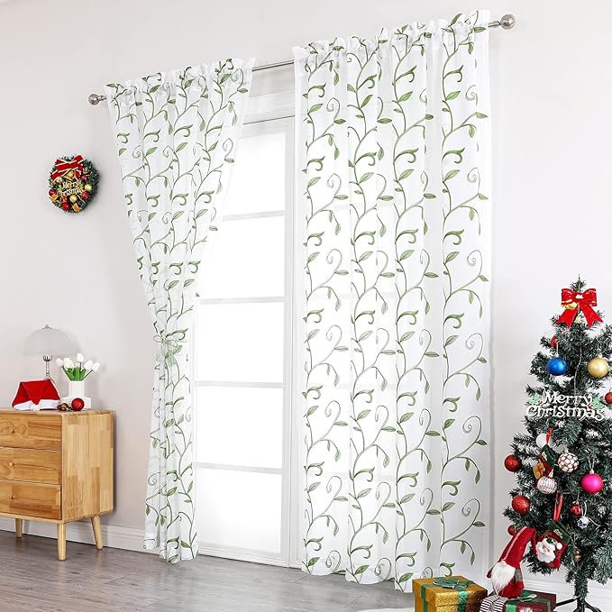 VISIONTEX Embroidered Green Sheer Voile Curtains, Leaves Embroidery Faux Linen - Image 2